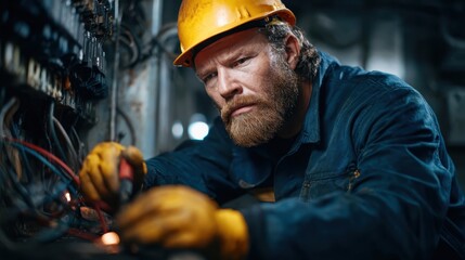 A skilled electrician is intensely focused on repairing electrical wiring, embodying dedication and craftsmanship crucial to ensuring safety and functionality in his work.