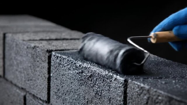 A gloved hand uses a paint roller to coat rough gray concrete blocks with dark liquid across surface