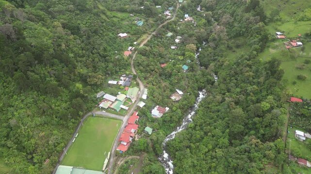 Panoramic view of the town called San Gerardo de Rivas in a rural area with cloud forest surrounded by lush vegetation on the slopes of Cerro Chirripo in Costa Rica