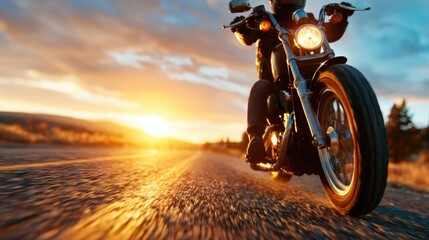A motorcycle rider speeds down a picturesque highway during sunset, creating a breathtaking view of the sky filled with vibrant orange and blue hues, evoking a sense of freedom and adventure.