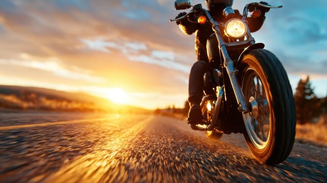 A motorcycle rider speeds down a picturesque highway during sunset, creating a breathtaking view of the sky filled with vibrant orange and blue hues, evoking a sense of freedom and adventure.
