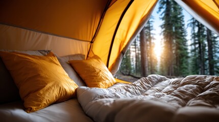 A serene camping tent with inviting pillows inside, nestled among tall trees capturing the essence of tranquility, comfort, and the beauty of nature&rsquo;s peaceful moments at dawn.