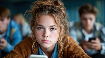 A focused teenage girl using her smartphone in a school setting, displaying concentration while others are engaged with their devices, capturing modern youth culture.