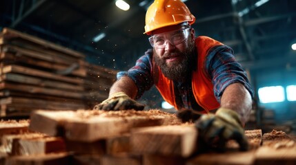 A focused male carpenter expertly working in a woodshop with safety gear, showcasing the craftsmanship and dedication involved in woodworking and construction projects.