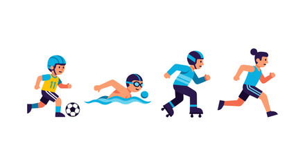 Colorful athletic characters engaged in soccer, swimming, roller skating, and running activities