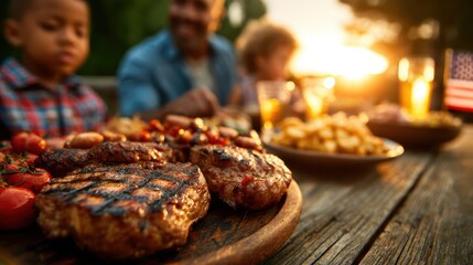 A joyful gathering of friends enjoying grilled meats and refreshments under the warm sun signifies the essence of summer celebrations, togetherness, and cherished moments.