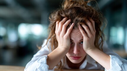 Fototapeta premium A young woman with tousled hair displays a sense of stress and frustration in a contemporary office space, highlighting emotional struggles related to work-life balance and mental health.