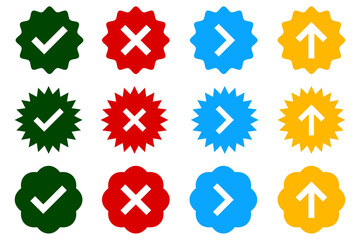 Blue, green, red, and yellow verified badge icon set. Collection of different style star-shaped social media icons