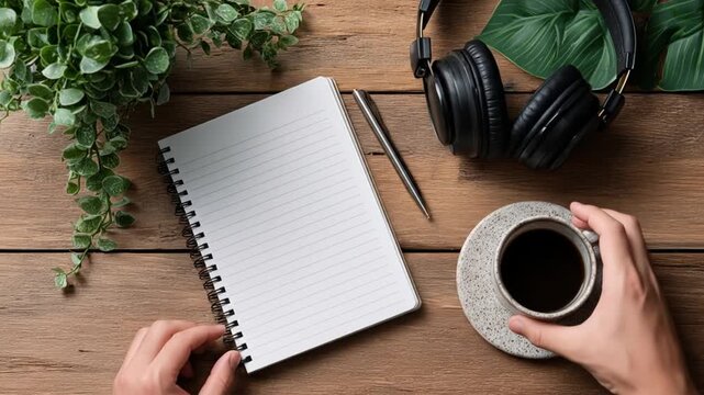 Top-down desk scene with notebook, hands writing, coffee cup, headphones, pencil, and greenery. Calm