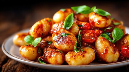 This mouthwatering photo showcases a plate of gnocchi topped with cherry tomatoes and fresh basil, evoking Italian culinary traditions and the joy of sharing a meal.