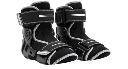 Pair of black medical ankle braces or orthopedic boots for foot and ankle support isolated on transparent background