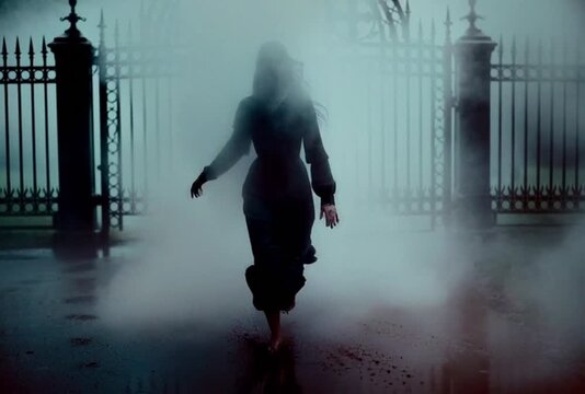 A barefoot woman advances through thick fog toward a Victorian style iron gate with stone pillars. Wet pavement reflects as low light and teal grading shape the scene.