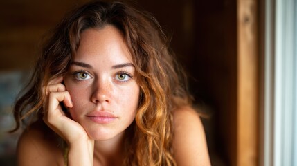 Obraz premium A contemplative young woman rests her chin on her hand, lost in thought, presenting a natural, relatable expression of introspection and beauty in a warm and inviting environment.