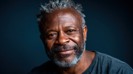 Obraz premium A portrait of an older man with a warm smile, illuminated against a deep blue background, reflecting wisdom and resilience gained through a lifetime of experiences.