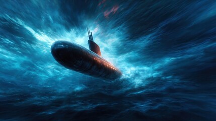 Fototapeta premium A powerful submarine rises through turbulent ocean waves, creating a dramatic scene that captures the tension and mystery of underwater exploration and warfare.