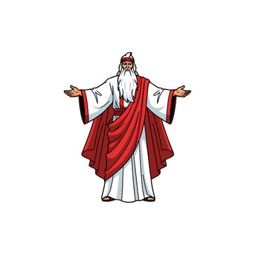 Religious figure in red cloak with outstretched arms.