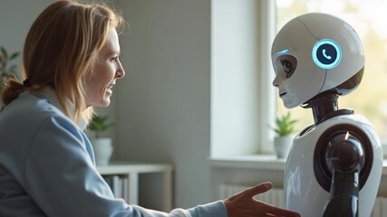 Woman Interacting With Futuristic Robot In Modern Home Setting.