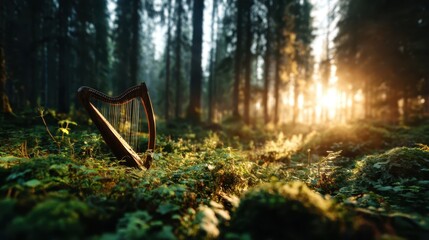 A beautifully placed wooden harp in a sunlit forest surrounded by lush greenery, creates a magical atmosphere, symbolizing the harmony between music and nature’s beauty.