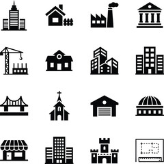 Architecture and Construction Black Glyph Icons: City, Buildings