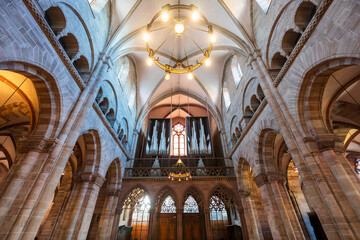 Fototapeta premium Basler Munster cathedral interior nave and ceiling vault. Basel, Canton of Basel-Stadt, Switzerland.