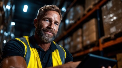 A skilled warehouse worker smiles while using a tablet amidst shelves of products, showcasing the integration of technology in modern logistics and storage operations.
