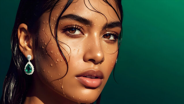 jewelry female brunette model closeup with wet face,  wearing emerald green earring 