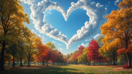 Heart-shaped cloud over autumn park