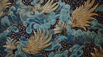 Textured Mythic Gold Wings Swirling Cloud Art Pattern
