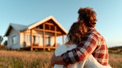 A romantic view of a couple hugging in a sunlit field, with a cozy house in the background, capturing the essence of love and companionship amid serene nature.