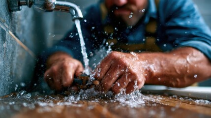 An industrious man repairs a leaking sink, demonstrating hands-on skills as water splashes around him, highlighting the challenges of home maintenance and plumbing work.