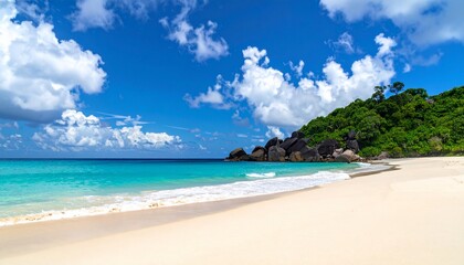 Fototapeta premium Stunning tropical beach landscape with turquoise water, white sand and lush greenery