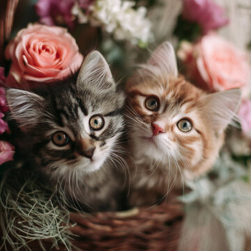 Two cute cats hugging. Romantic atmosphere.