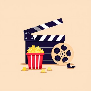Movie production set with film clapperboard, popcorn bucket and film reel, cinematography concept in flat style.