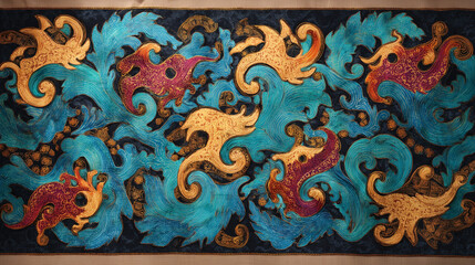 Opulent Abstract Swirling Figure Art Pattern Teal Gold