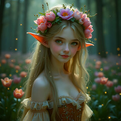 little cute tulip fairy with flower wreath