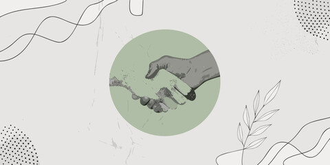 A symbolic illustration of a handshake within a green circular frame