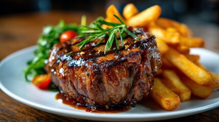A scrumptious grilled steak garnished with herbs and served alongside golden French fries, encapsulating the epitome of hearty and satisfying dining experience.
