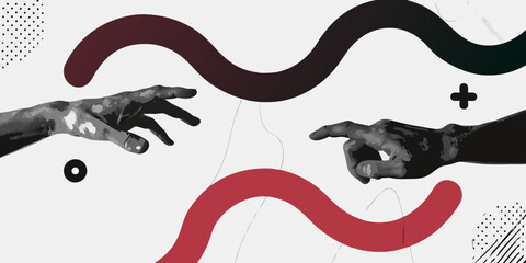 Abstract hands reaching towards each other with red and black wave shapes
