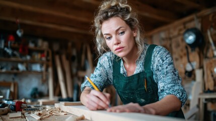 Fototapeta premium A focused female carpenter measuring and marking wood in her workshop, highlighting the empowerment and creativity of women in traditionally male-dominated trades.