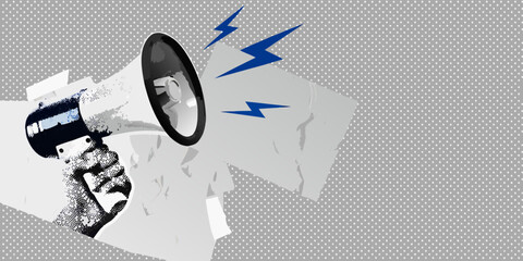 A megaphone with lightning bolts emanating from its speaker on a gray background