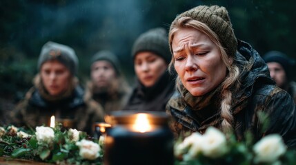 A group of individuals gather in a forest setting, emotions running high, as they participate in a candlelit ceremony honoring memories, love, and shared experiences.