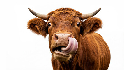 Funny brown cow isolated on white background licking nose with tongue, copy-space