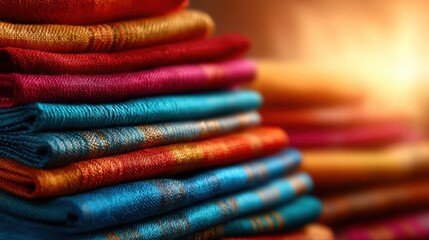 A visually stunning arrangement of vibrant textile stacks displays a rich palette of colors and textures, inviting attention for their artistic quality and craftsmanship.