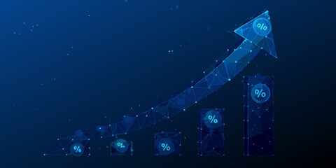 Blue polygonal arrow pointing upwards with percentage symbols representing growth