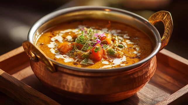 Mixed vegetable handi curry with cream-enriched gravy, cashew paste, golden color, served in traditional handi pot
