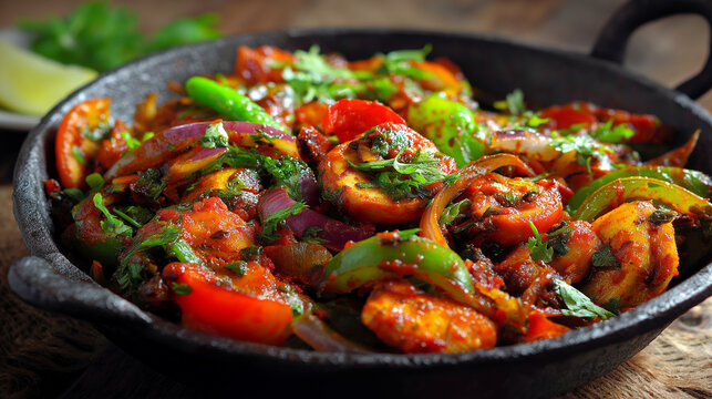Mushrooms tossed in kadai-style tomato capsicum masala, roasted coriander seeds, kasuri methi aroma, rustic iron pan