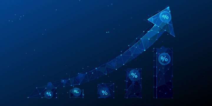 Blue polygonal arrow pointing upwards with percentage symbols representing growth