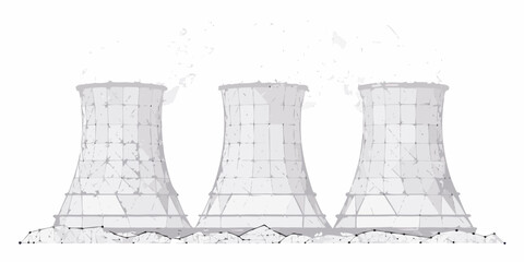 Illustration of three cooling towers with a rocky base monochrome style