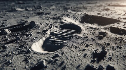 Innovation and achievement represented by a detailed astronaut footprint on the desolate, rocky lunar surface.
