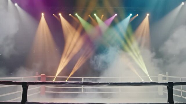 Empty boxing ring under dramatic colorful stage lights with smoke, ready for a fight or competition event, spotlights illuminating the canvas and ropes